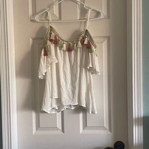 Surf Gypsy Cream Off-Shoulder Blouse with Tassels